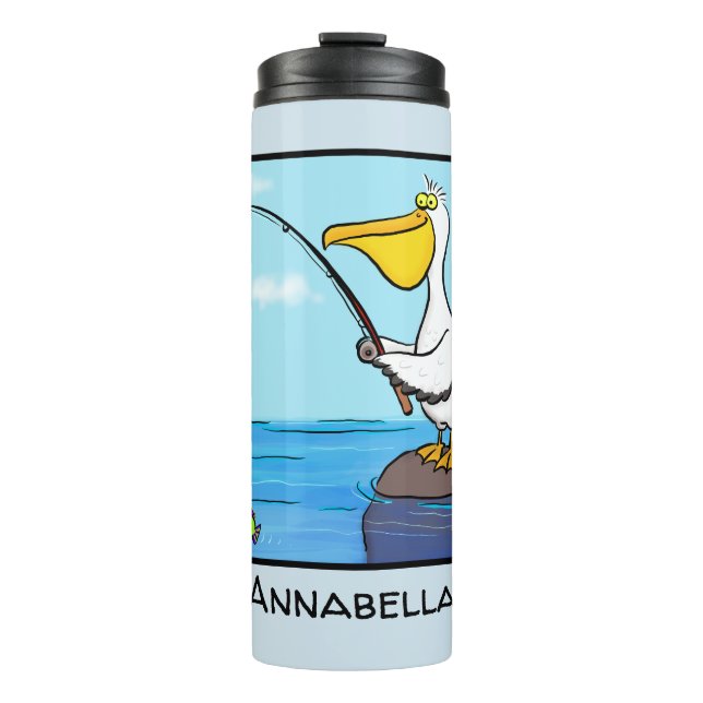Funny Fish Pelican Cartoon Thermosbecher (Vorderseite)