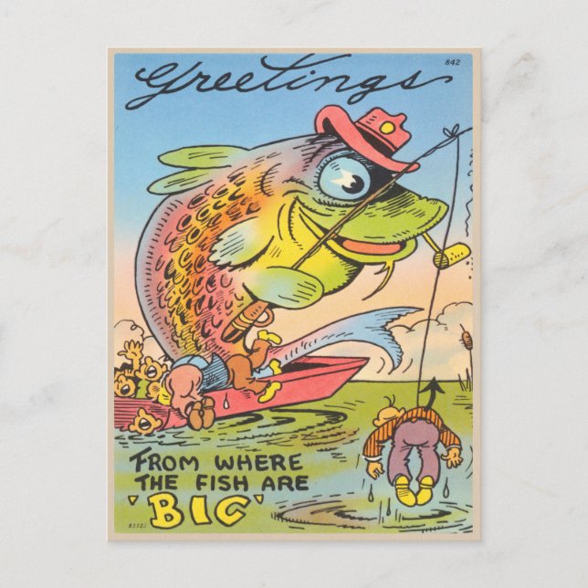Funny Fishing Postcard Fisherman Fish Cartoon Postkarte (Vorderseite)