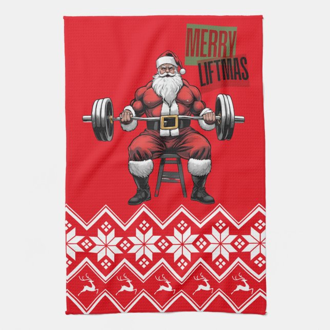Funny Fitness Christmas Liftmas Barbell Santa Gym Geschirrtuch (Vertikal)