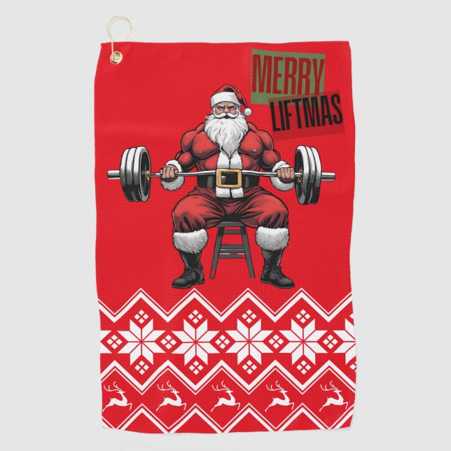 Funny Fitness Christmas Liftmas Barbell Santa Gym Golfhandtuch (Vorderseite)