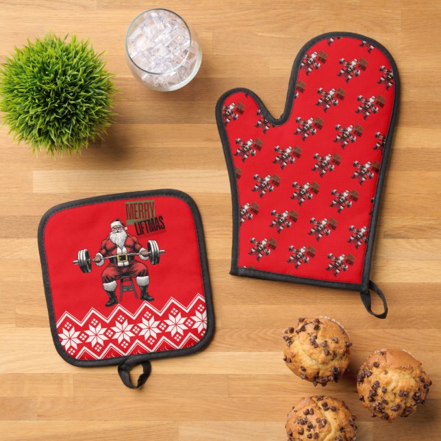 Funny Fitness Christmas Liftmas Barbell Santa Gym Ofenhandschuh & Topflappen-Set (Oben Unten)
