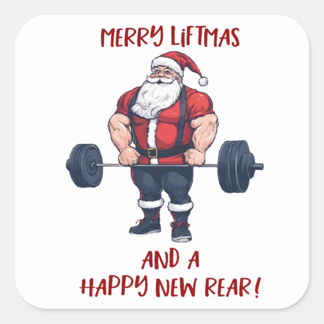 Funny Fitness Christmas Liftmas Barbell Santa Quadratischer Aufkleber (Vorderseite)
