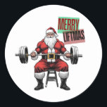 Funny Fitness Christmas Liftmas Barbell Santa Runder Aufkleber<br><div class="desc">Fröhliche Liftmas - dieses festliche, auf Weihnachten ausgerichtete Shirt ist eine lustige Fitness Weihnachtsgrüße und das ideale Geschenk für Trainer oder Gymnastikpartner in Ihrem Leben. Dieses Shirt verfügt über ein super starkes und passendes Santa Claus, das einen Barbell hochzieht, komplett geschluckt. Der Weihnachtsmann, die fröhliche und faule Figur, die für...</div>