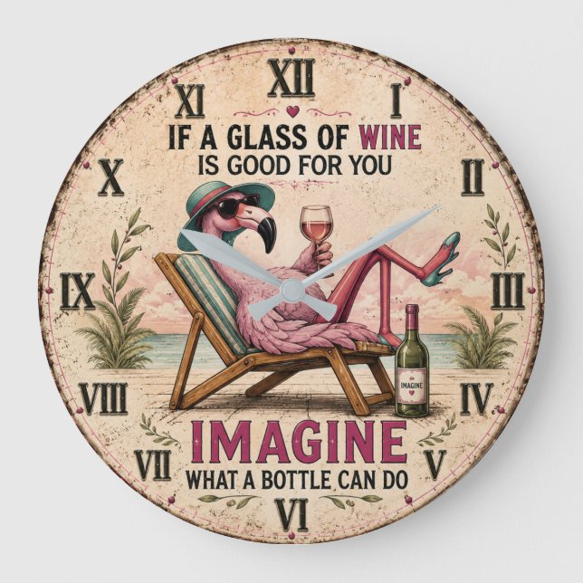 Funny Flamingo Beach Große Wanduhr (Vorderseite)