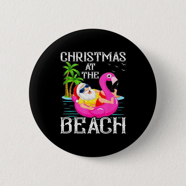 Funny Flamingo Float Santa Claus Christmas At The  Button (Vorderseite)