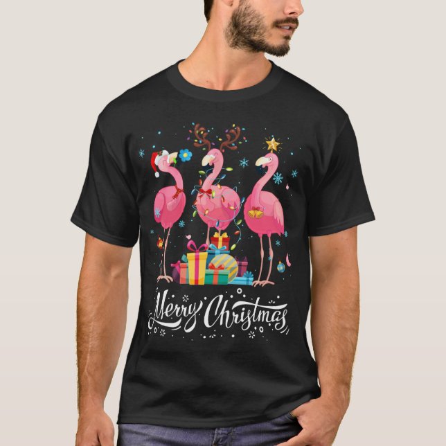 Funny Flamingo Lights Weihnachtsmannmütze Sweater  T-Shirt (Vorderseite)