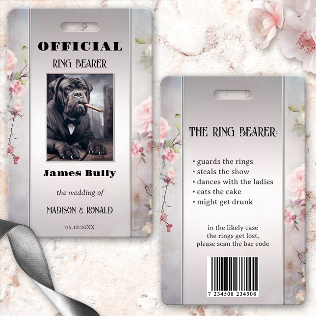 Funny Floral Wedring Foto ID Abzeichen Ausweis (Funny wedding ring bearer photo ID badge with your custom photo on a floral pink grey design)