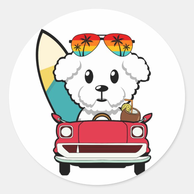 Funny Fluffy Dog fährt zum Strand Runder Aufkleber (Vorderseite)