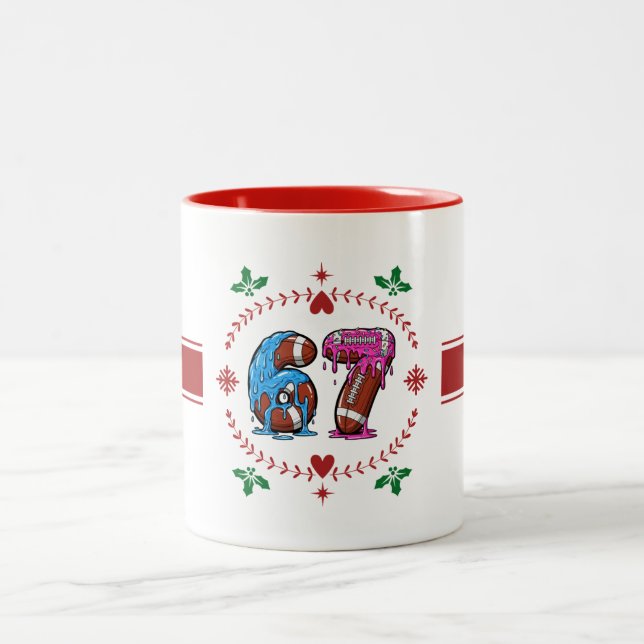 Funny Football 67 Drip Art Christmas Holiday Meme Zweifarbige Tasse (Mittel)
