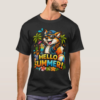 Funny Fox Hello Summer Cartoon Design T-Shirt
