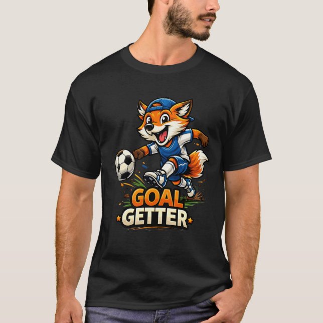 Funny Fox Playing Soccer Cartoon Design T-Shirt (Vorderseite)