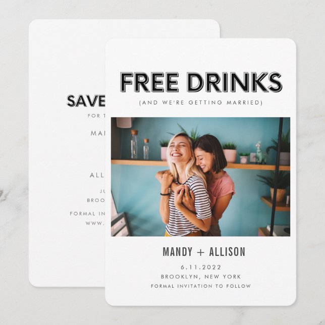 Funny Free Drinks Foto Lesbian Save the Date (Vorne/Hinten)