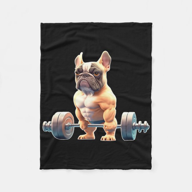 Funny French Bulldog Bodybuilding Gym Frenchie Wei Fleecedecke (Vorderseite)