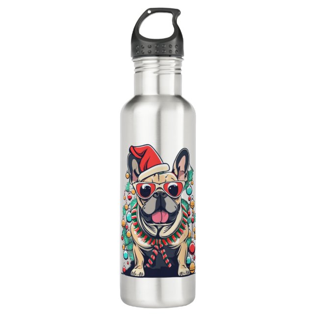 Funny French Bulldog Dog Tree Christmas Lights Xma Edelstahlflasche (Vorderseite)