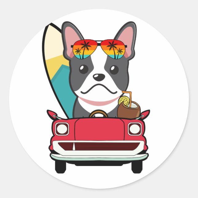 Funny French BullDog fährt zum Strand Runder Aufkleber (Vorderseite)