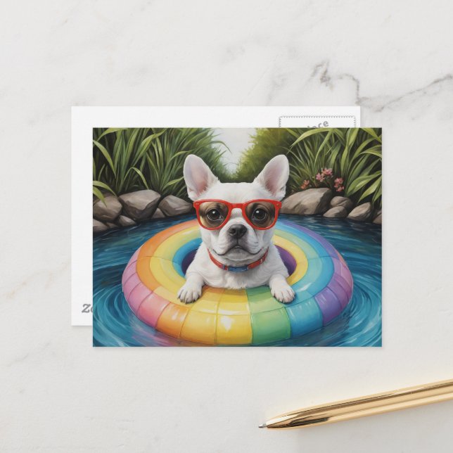 Funny French Bulldog Floating in einem Teich Postkarte (Vorderseite/Rückseite Beispiel)