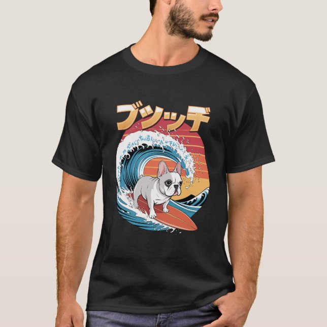 Funny French Bulldog Japanisch Kanagawa Wave T-Shirt (Vorderseite)