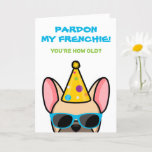 Funny French Bulldog Light Fawn Frenchie Birthday Karte<br><div class="desc">Wenn Sie jemanden kennen, der französische Bullhunde Lieben hat und einen guten Spaß hat, ist diese lustige Geburtstagskarte ideal, um sie an ihrem besonderen Tag zu schicken. Das Design zeigt eine Cartoon-Art-Abbildung eines hellbraunen französischen Bulldoggen mit einem Party Hut und Sonnenbrille mit der Formulierung "Verzeihen Sie meine Franzosen! Du bist...</div>