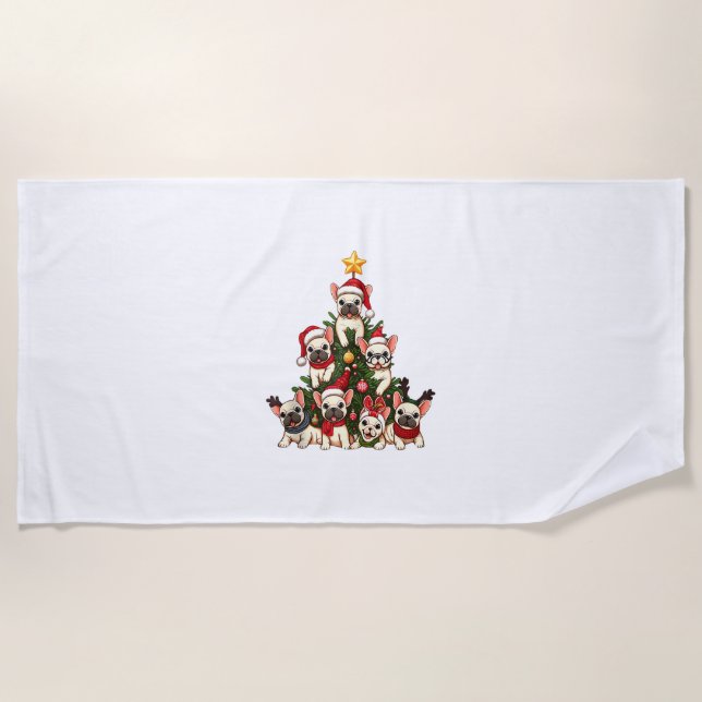 Funny French Bulldog Weihnachtsbaum Snowflakes Strandtuch (Vorderseite)