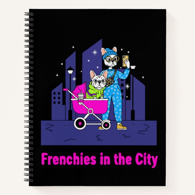 Funny Frenchies in der Stadt | Niedlicher Cartoon  Notizbuch (Vorderseite)