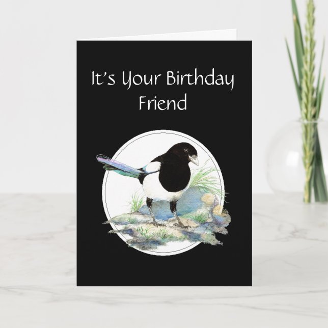 Funny, Friend Birthday, Magpie Watercolor Bird Karte (Vorderseite)