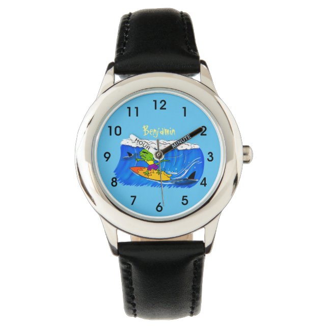 Funny frilled Halslizard Surfing Cartoon Armbanduhr (Vorderseite)