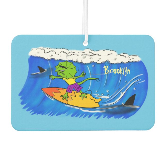 Funny frilled Halslizard Surfing Cartoon Autolufterfrischer (Vorderseite)