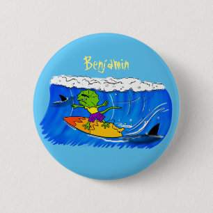 Funny frilled Halslizard Surfing Cartoon Button