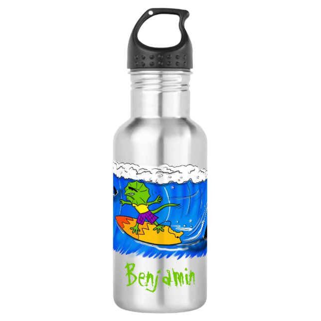 Funny frilled Halslizard Surfing Cartoon Edelstahlflasche (Vorderseite)