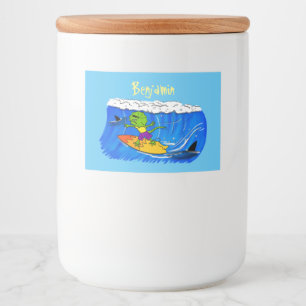 Funny frilled Halslizard Surfing Cartoon Lebensmitteletikett
