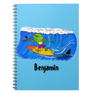 Funny frilled Halslizard Surfing Cartoon Notizblock