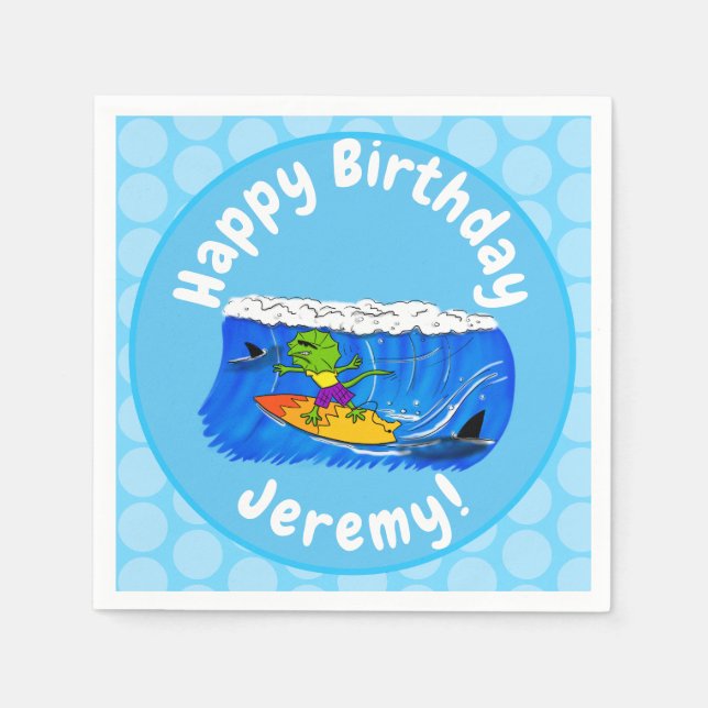 Funny frilled Halslizard Surfing Cartoon Serviette (Vorderseite)