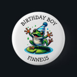 Funny Frog Themed Birthday Boy Button<br><div class="desc">Niedlicher Frosch zum Geburtstagsknopf. Cartoon toad tanzen mit einem Geburtstagshut auf.</div>