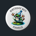 Funny Frog Themed Birthday Boy Button<br><div class="desc">Niedlicher Frosch zum Geburtstagsknopf. Cartoon toad tanzen mit einem Geburtstagshut auf.</div>