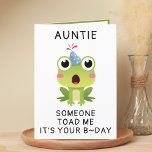 Funny Frog Toad Croak Auntie Happy Birthday Dankeskarte<br><div class="desc">Suchen Sie eine einzigartige Möglichkeit, Ihre Liebe und Ihren Spaß zu Ihrem Verwandten auszudrücken? Unsere lustige Froschgrußkarte ist die perfekte Wahl für Ihre Tante zum Geburtstag! Passen Sie es an, indem Sie Ihre eigene persönliche Nachricht hinzufügen. Das Design ist mit einer schockierten grünen Kröte mit einem blauen Geburtstagshut versehen. Eine...</div>