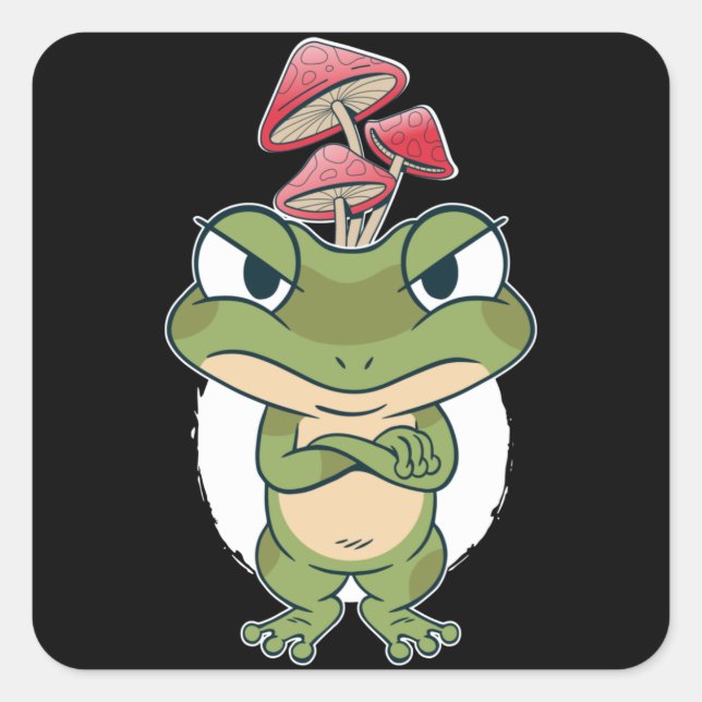 Funny Frog with mushrooms Quadratischer Aufkleber (Vorderseite)