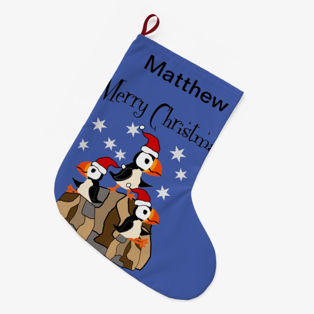 Funny Frohe Weihnachten Puffin Vögel und Schnee Großer Weihnachtsstrumpf (Vorderansicht (hängend))