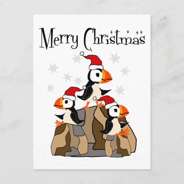 Funny Frohe Weihnachten Puffin Vögel und Schnee Postkarte (Vorderseite)