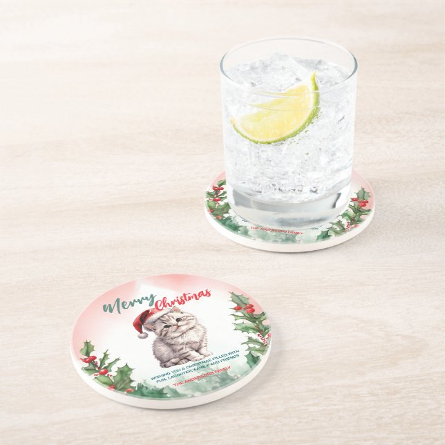 Funny Frohe Weihnachtsmann Niedlich Cat Kitten Getränkeuntersetzer (Seite)