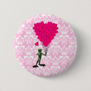 Funny Frosch Cartoon & rosa Herz auf Damast Button