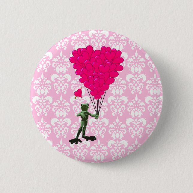 Funny Frosch Cartoon & rosa Herz auf Damast Button (Vorderseite)