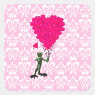 Funny Frosch Cartoon & rosa Herz auf Damast Quadratischer Aufkleber