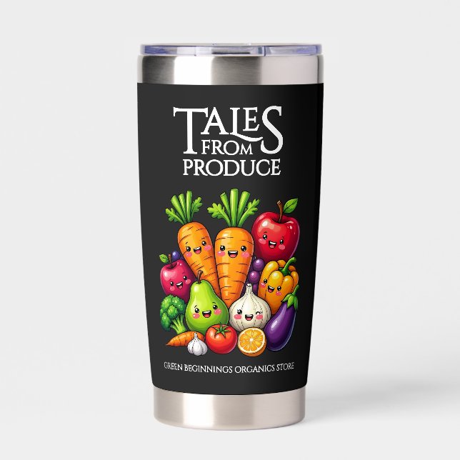 Funny Fruits Veggies Tales from Produce Grocery Thermobecher (Vorderseite)