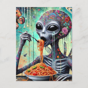 Funny Funky Alien Eating Spaghetti Collage Postkarte