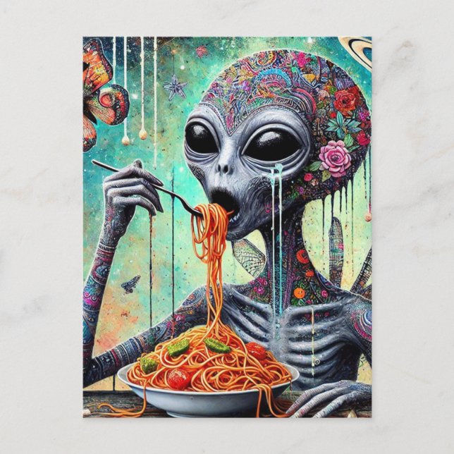 Funny Funky Alien Eating Spaghetti Collage Postkarte (Vorderseite)