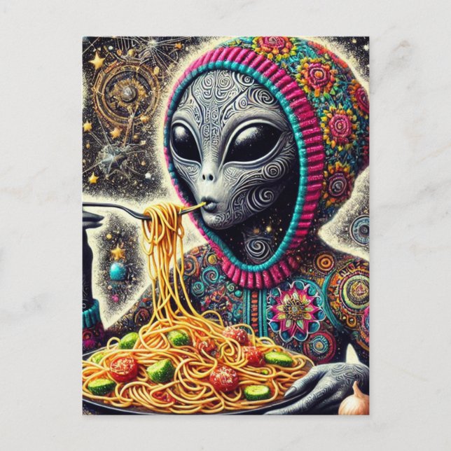 Funny Funky Alien Eating Spaghetti Postkarte (Vorderseite)