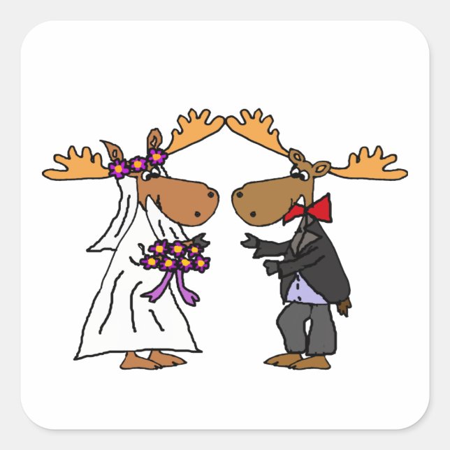 Funny Funky Moose Wedding Cartoon Art Quadratischer Aufkleber (Vorderseite)