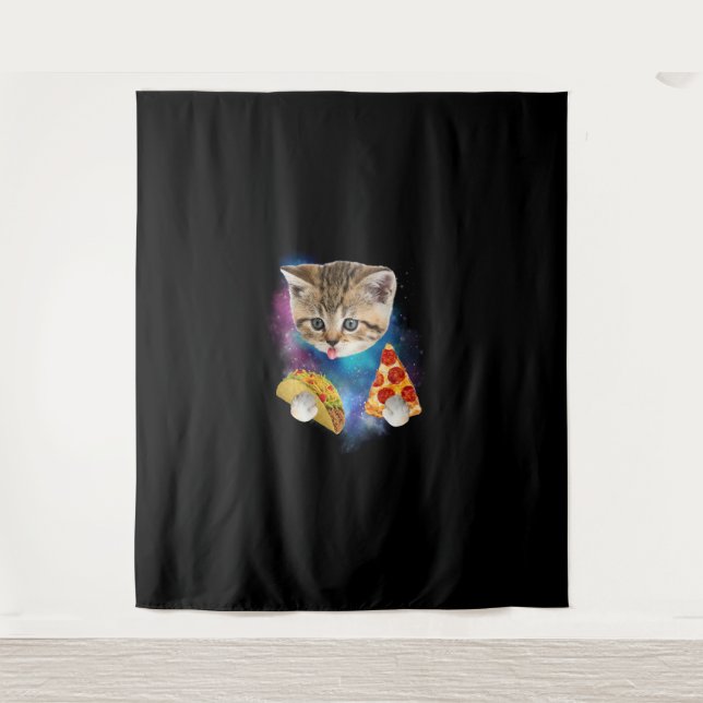 Funny Galaxy Cat Shirt _ Space Cat essen Pizza und Wandteppich (Vorderseite)