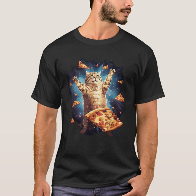 Funny Galaxy Cat Space Cat Eats Pizza  T-Shirt (Vorderseite)
