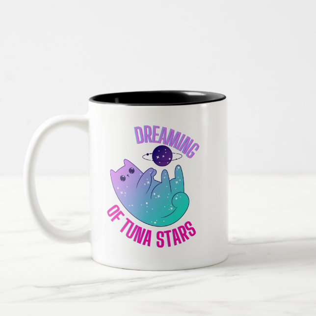 Funny Galaxy Kawaii Katze Spielen mit Sternen Tass Zweifarbige Tasse (Links)